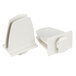 A close-up of two white plastic clips.