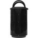 A black metal Ex-Cell Kaiser outdoor trash receptacle with a hooded rain top and holes in the cylinder.