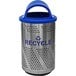 An Ex-Cell Kaiser stainless steel recycling receptacle with blue and silver accents.