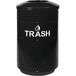 A black Ex-Cell Kaiser outdoor trash receptacle with "Trash" on it and a dome top with holes.