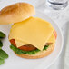 A cheeseburger with Daiya vegan sliced American cheese on a plate.