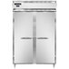 The open doors of a white Continental D2FNSS reach-in freezer with stainless steel handles.