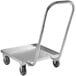 A metal Regency dish rack dolly with black wheels.