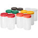 A group of white Carlisle plastic containers with red and green caps.