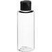 A clear plastic bottle with a black flip top lid.