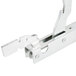 A close-up of a Main Street Equipment metal door hinge with a latch.