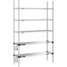 A Metro Super Erecta metal shelving unit with three chrome shelves and two heated shelves.