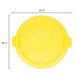 A yellow Rubbermaid lid for a round trash can with measurements and a handle.