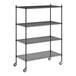 A black wire Regency shelving unit with posts and casters.