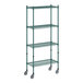 A green metal Regency wire shelving unit with four shelves and wheels.