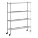 A Regency chrome wire shelving unit with wheels.