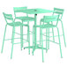 A Lancaster Table & Seating seafoam green aluminum bar height table with four chairs and a barstool.