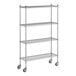 A Regency chrome wire shelving unit with wheels.