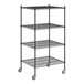 A Regency black wire shelving unit with wheels.