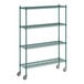 A green metal Regency wire shelving unit with wheels.