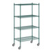 A green metal Regency wire shelving unit with wheels.