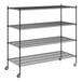 A Regency black wire shelving unit with casters.