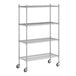 A Regency chrome wire shelving unit with wheels.