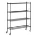 A Regency black wire shelving unit with casters.