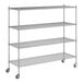 A wireframe of a Regency chrome metal shelving unit with four shelves and wheels.