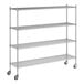 A Regency chrome mobile wire shelving unit with wheels.