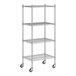 A white wireframe of a Regency chrome mobile wire shelving unit with four shelves.