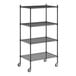 A black wire Regency shelving unit with wheels.