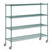 A green metal Regency wire shelving unit.