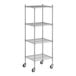 A Regency chrome wire shelving unit with wheels.