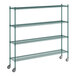 A green metal wire shelving unit with casters.