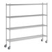 A wireframe of a chrome Regency 4-shelf metal shelving unit with wheels.