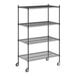 A black wire Regency shelving unit with wheels.