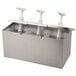 A silver metal Carlisle 3 pump insulated dispenser on a counter.