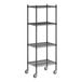 A black metal Regency wire shelving unit with wheels.