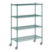 A green metal Regency wire shelving unit with wheels.