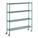 A green metal Regency wire shelving unit with wheels.