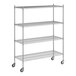 A Regency chrome wire shelving unit with wheels.