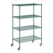 A green metal Regency wire shelving unit with casters.