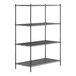 A Regency black metal shelving unit with four shelves.