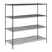 A Regency black wire shelving unit with four shelves.