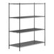 A black metal Regency shelving unit with four shelves.