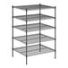 A Regency black wire shelving unit with four shelves.