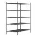 A Regency black metal shelving unit with four shelves.