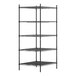 A Regency black metal shelving unit with four shelves.