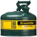 A green Justrite safety canister with yellow label.