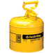 A yellow steel Justrite safety can with a yellow handle.