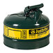 A green metal Justrite safety cylinder with yellow and black labels.