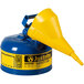 A blue Justrite kerosene safety can with a yellow funnel.