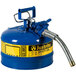 A blue metal Justrite safety can with a hose attached.