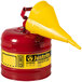 A red Justrite safety can with a yellow handle and funnel.